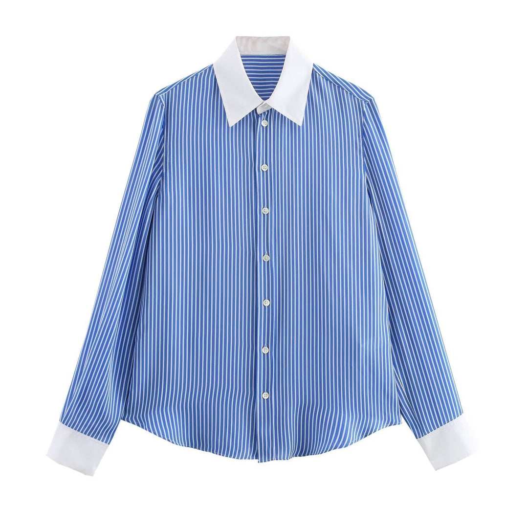 W&W Mode | Modische Blau Weiß Gestreifte Revers Vielseitige Bluse