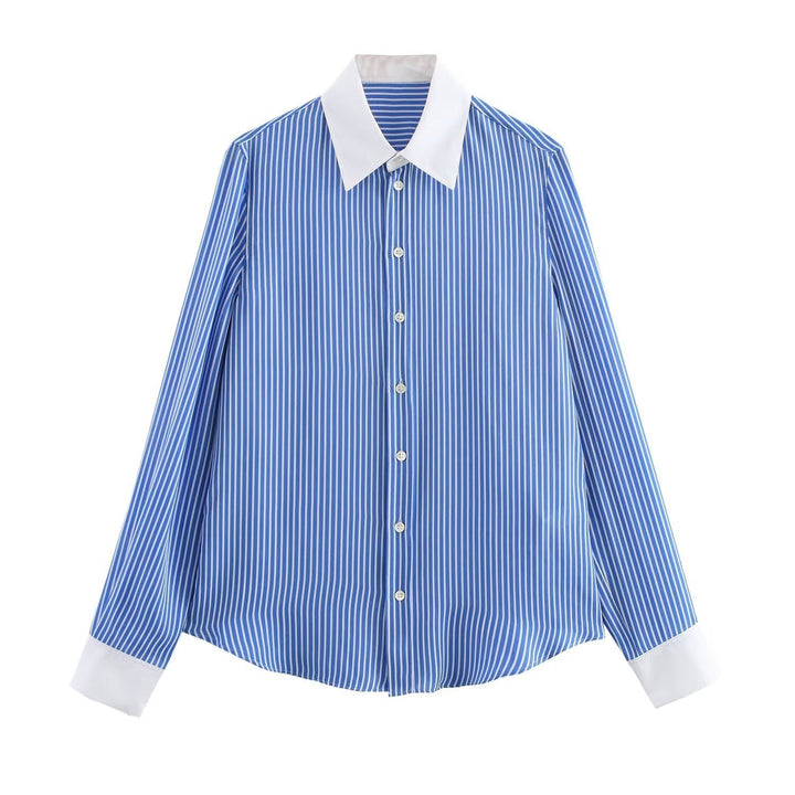 W&W Mode | Modische Blau Weiß Gestreifte Revers Vielseitige Bluse