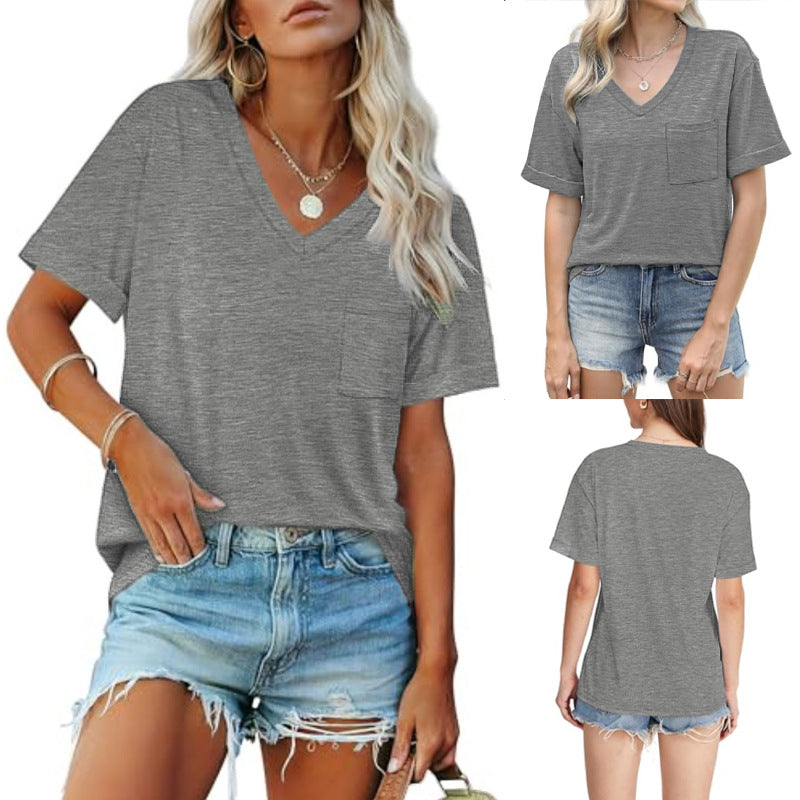 Damen V-Ausschnitt T-Shirt mit Taschen und lässiger Passform W&W Mode