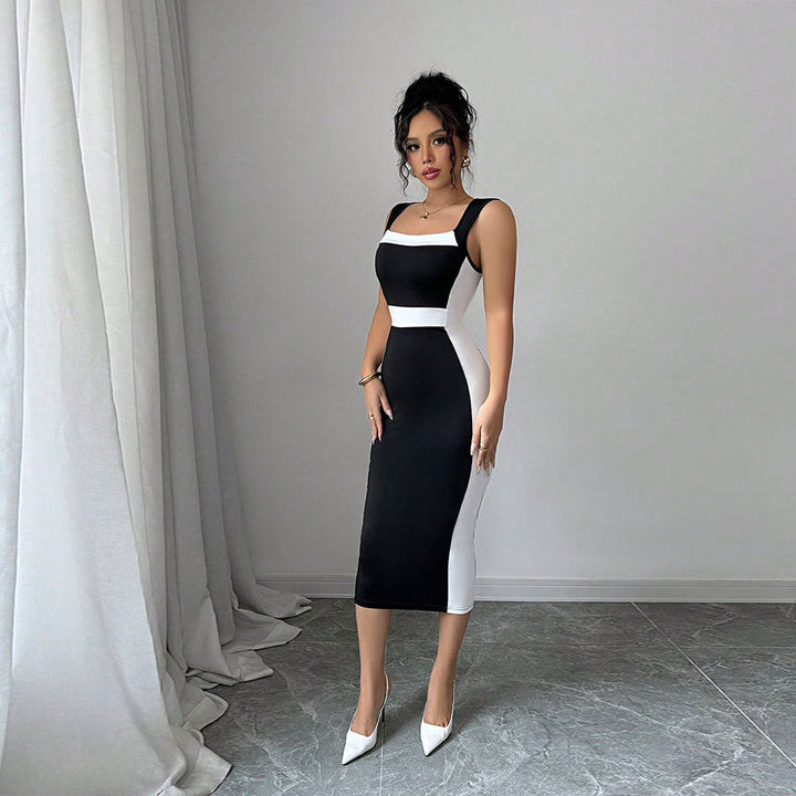 Damen figurbetontes Midi-Kleid mit elegantem Farbkontrast und schickem Ausschnitt W&W Mode