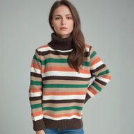 Damen Rollkragenpullover mit farbenfrohen Streifen und hochwertiger Strickqualität WW