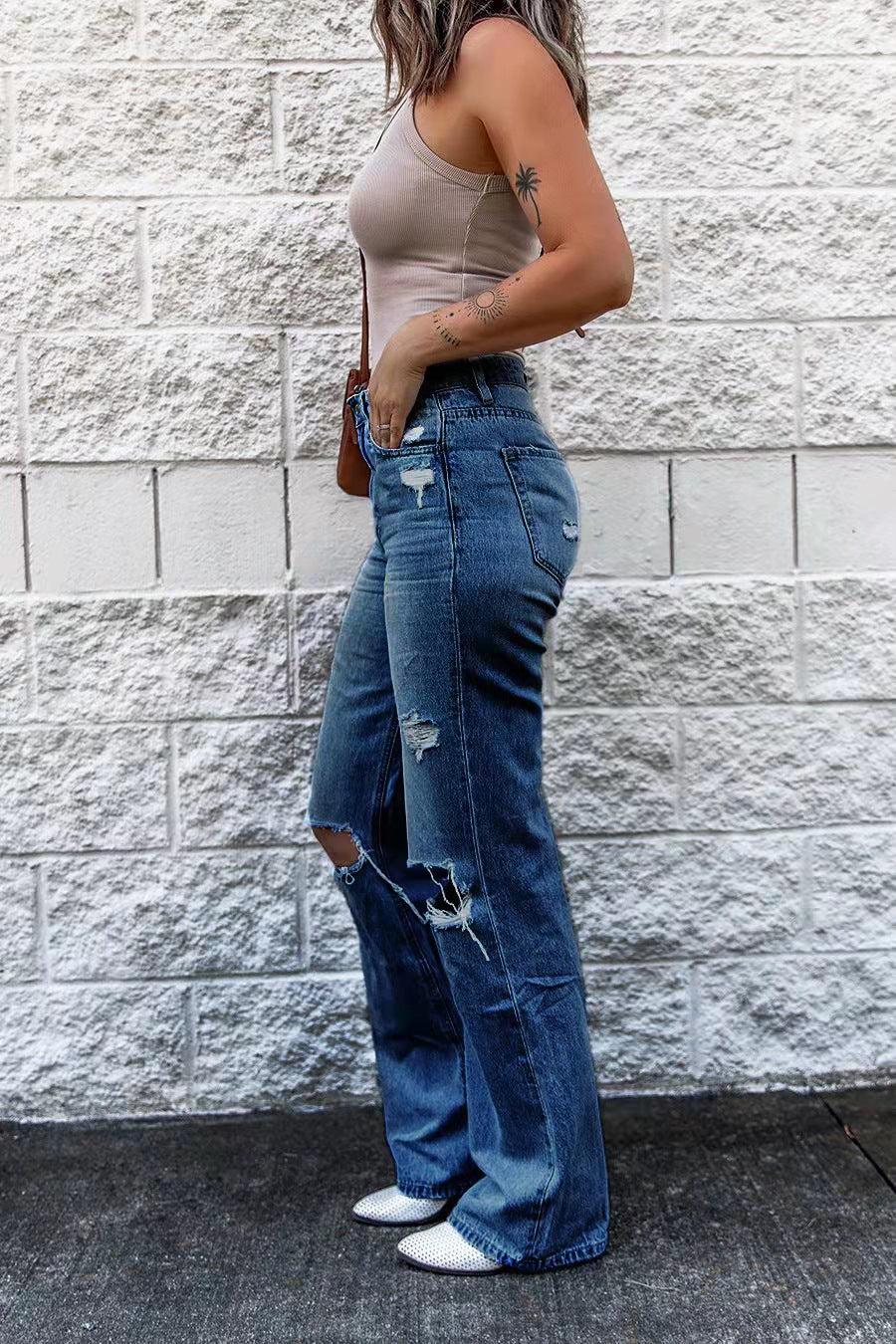 WW | Damen High Waist Ripped Jeans mit Weitem Bein