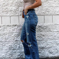 WW | Damen High Waist Ripped Jeans mit Weitem Bein