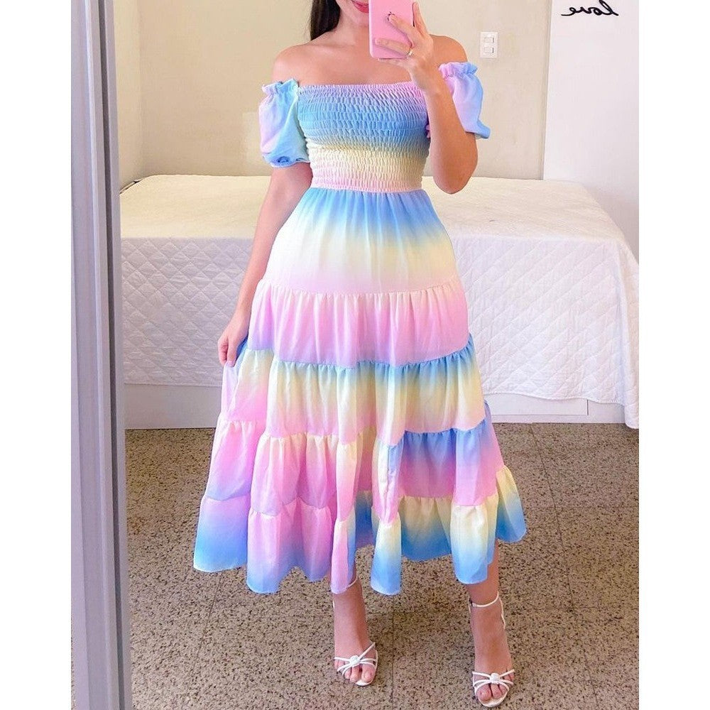 Damen Midi-Kleid mit schulterfreiem Design und verspieltem Schmetterlingsmuster W&W Mode
