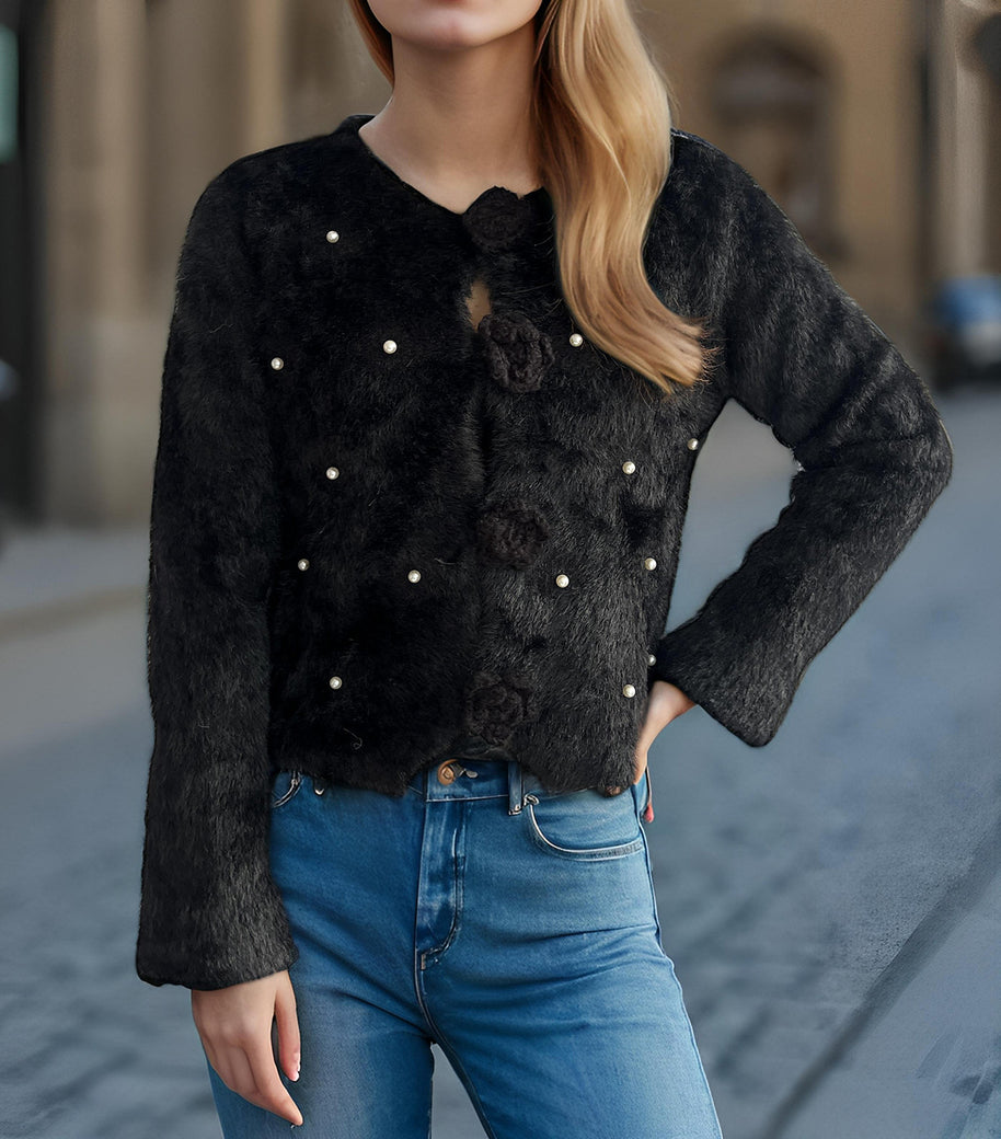 Damen Strickjacke mit floralen Applikationen und perlverzierter Detail WW