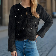 Damen Strickjacke mit floralen Applikationen und perlverzierter Detail WW