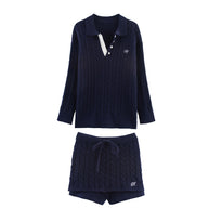 Damen Strick-Pyjama-Set mit klassischem Muster und elegantem Kragen WW