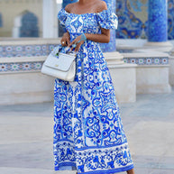 Damen Maxikleid mit schulterfreiem Design und elegantem floralen Muster WW