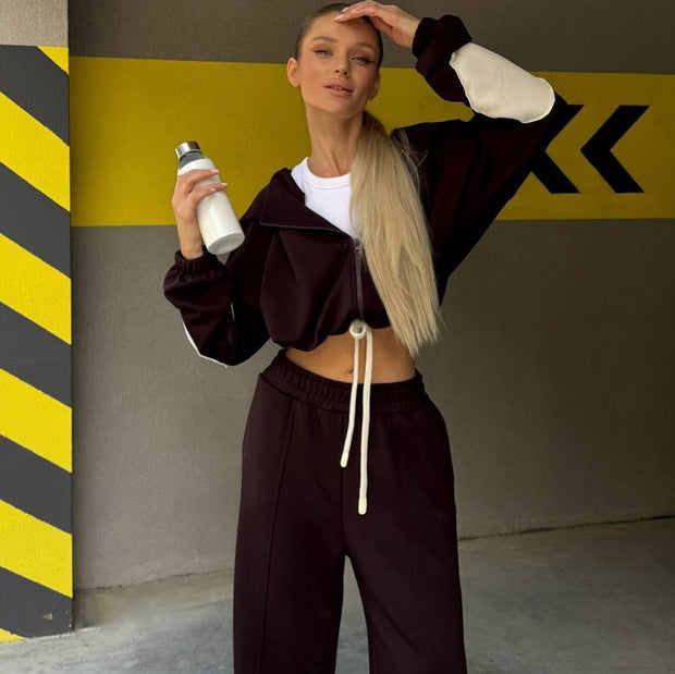 Damen sportliches Set mit cropped Oberteil und weitem Hosen WW