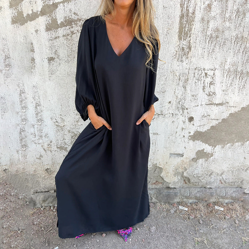 Damen Maxi-Kleid mit eleganten Puffärmeln und seitlichen Schlitzen WW