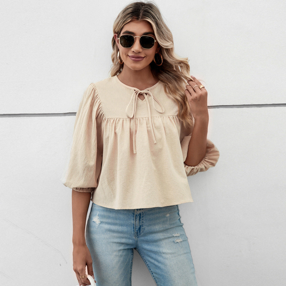 Damen Blusenshirt mit eleganten Puffärmeln und schickem Kordelzug W&W Mode
