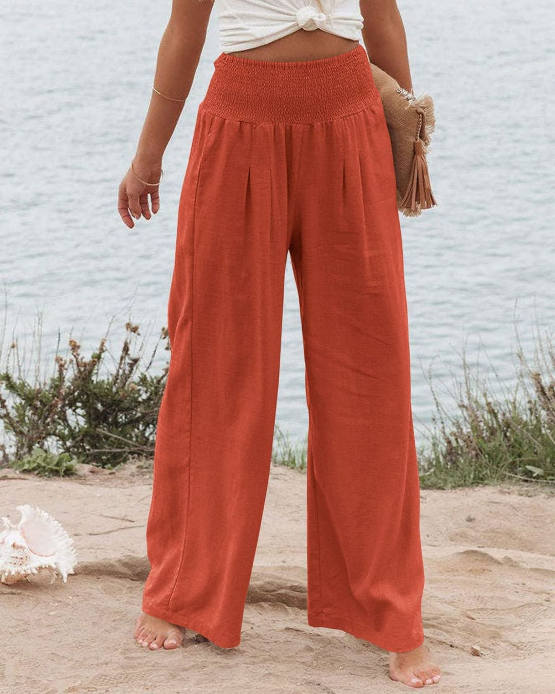 Damen Weite Leinenhose mit elastischem Bund und Falten W&W Mode