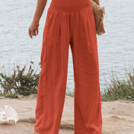 Damen Weite Leinenhose mit elastischem Bund und Falten WW