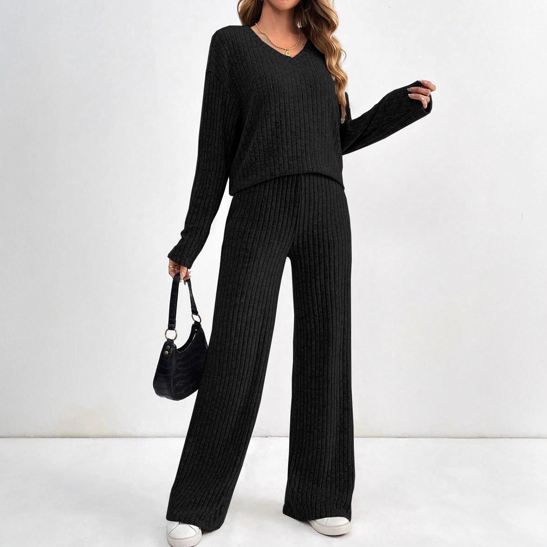 Damen bequemes Lounge-Set mit V-Ausschnitt und weitem Schnitt WW