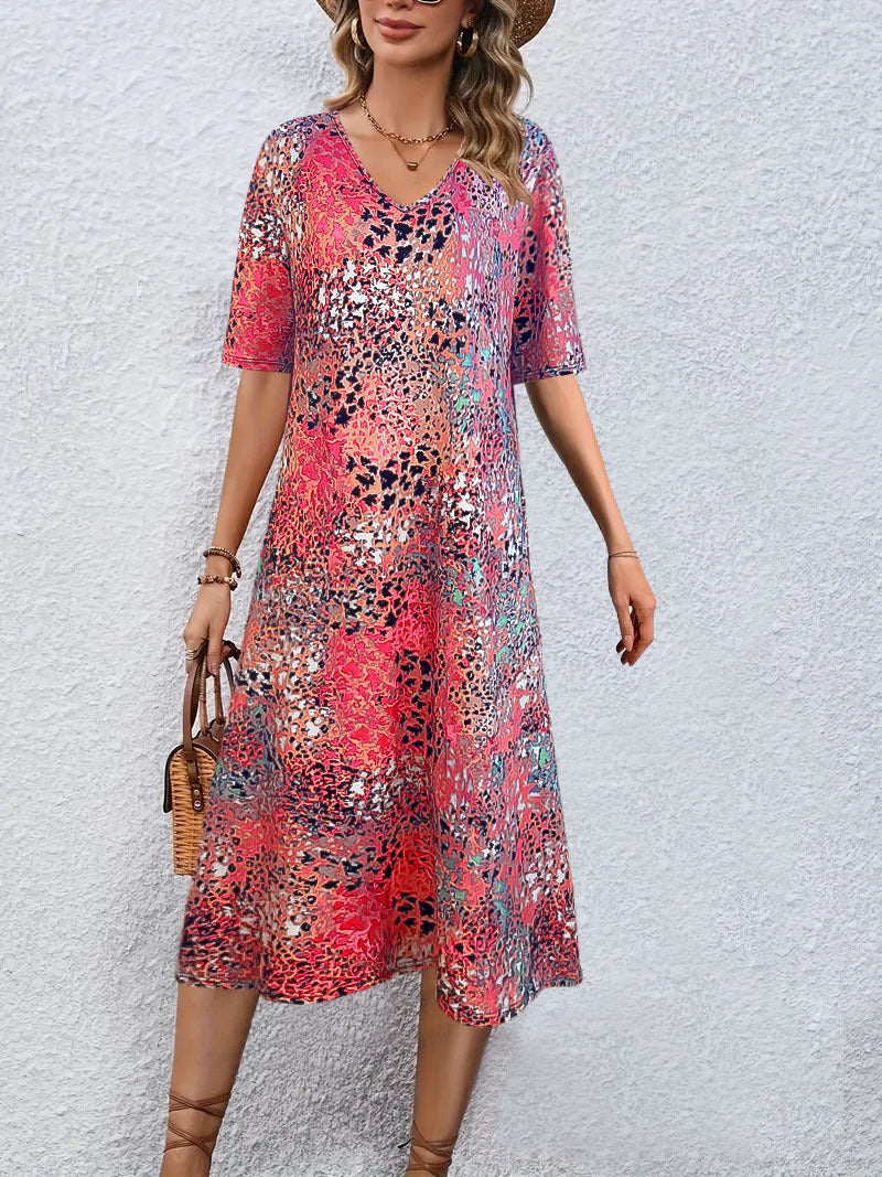 Damen V-Ausschnitt Midi-Kleid im lässigen Animal-Print Stil WW