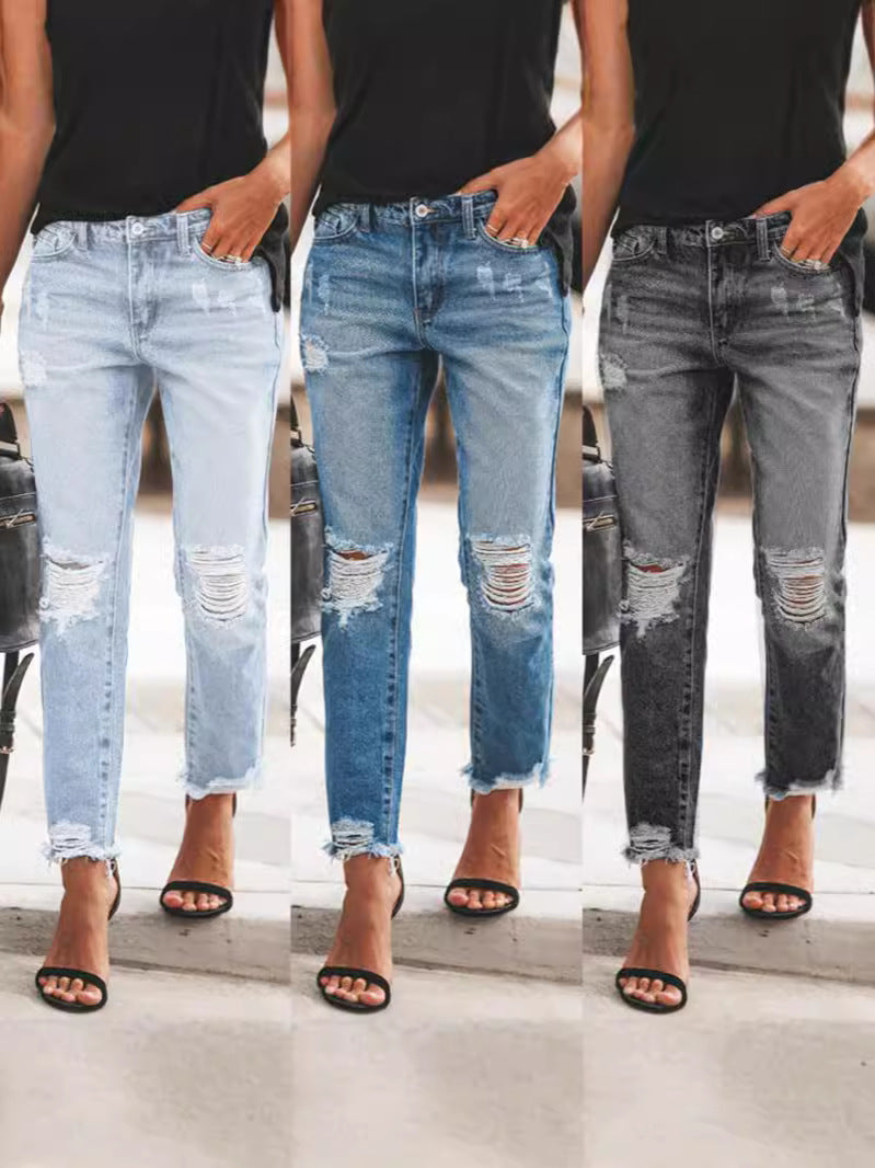 Damen Ripped Denim-Jeans mit lässigem Schnitt und ausgefranstem Saum WW
