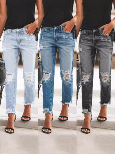 Damen Ripped Denim-Jeans mit lässigem Schnitt und ausgefranstem Saum WW