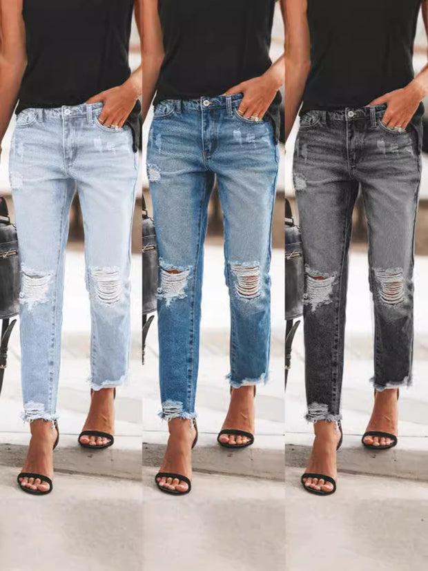 Damen Ripped Denim-Jeans mit lässigem Schnitt und ausgefranstem Saum WW