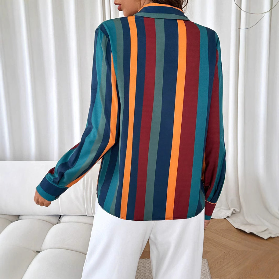 Damen Bluse mit farbenfrohem Streifenmuster und eleganter Knopfleiste WW
