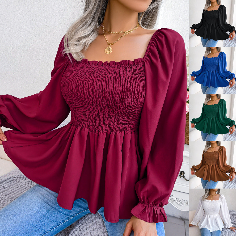 WW | Frühling Rüschensaum Quadrat-Ausschnitt Chiffon Bluse