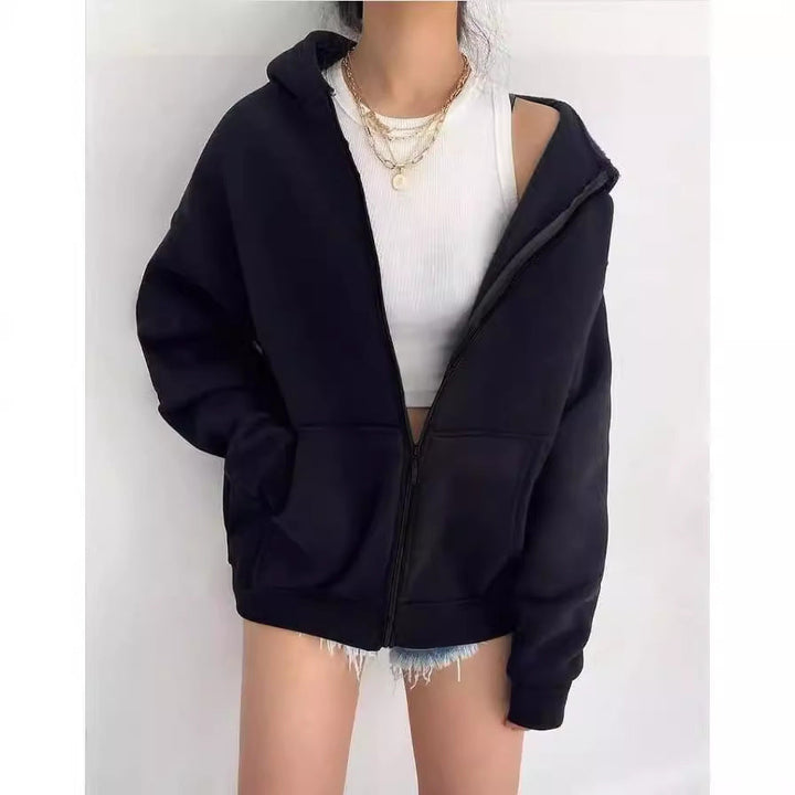 Damen oversized Kapuzenpullover mit Reißverschluss und praktischen Taschen W&W Mode