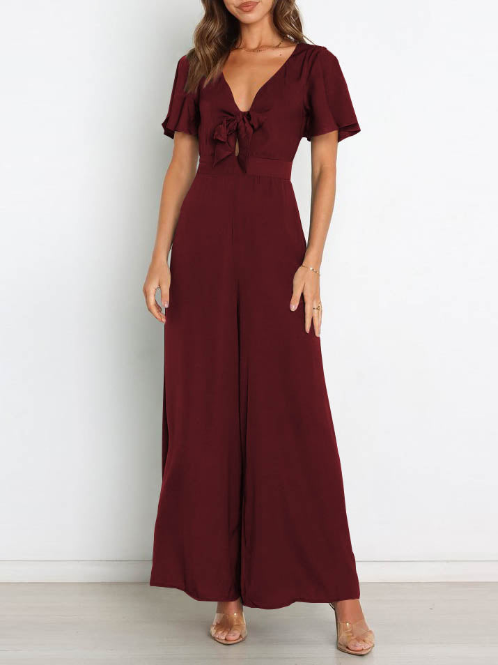 WW | Kurzarm Breite Beinform Lässig V-Ausschnitt Jumpsuit
