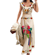Damen Ethno-inspiriertes Maxikleid mit buntem Stickdesign und Volant WW