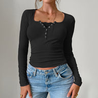 Damen Langarmshirt mit Knopfleiste und Rippstruktur WW