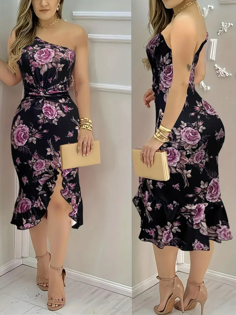 Damen Etuikleid mit asymmetrischem Saum und floralem Muster WW