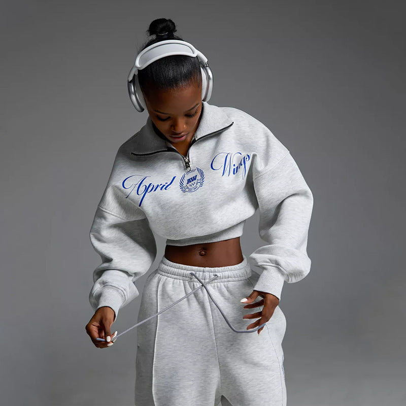 Damen Sportliches Cropped Sweatshirt und lässige Freizeithose Set WW