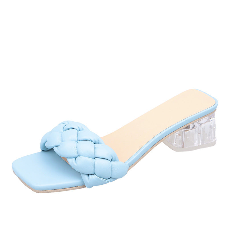 Damen Mules mit geflochtenem Riemen und transparentem Blockabsatz WW