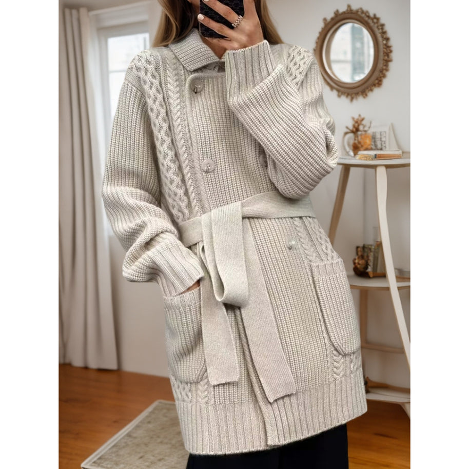 Damen Strickjacke mit taillierbarem Gürtel und strukturiertem Zopfmuster WW