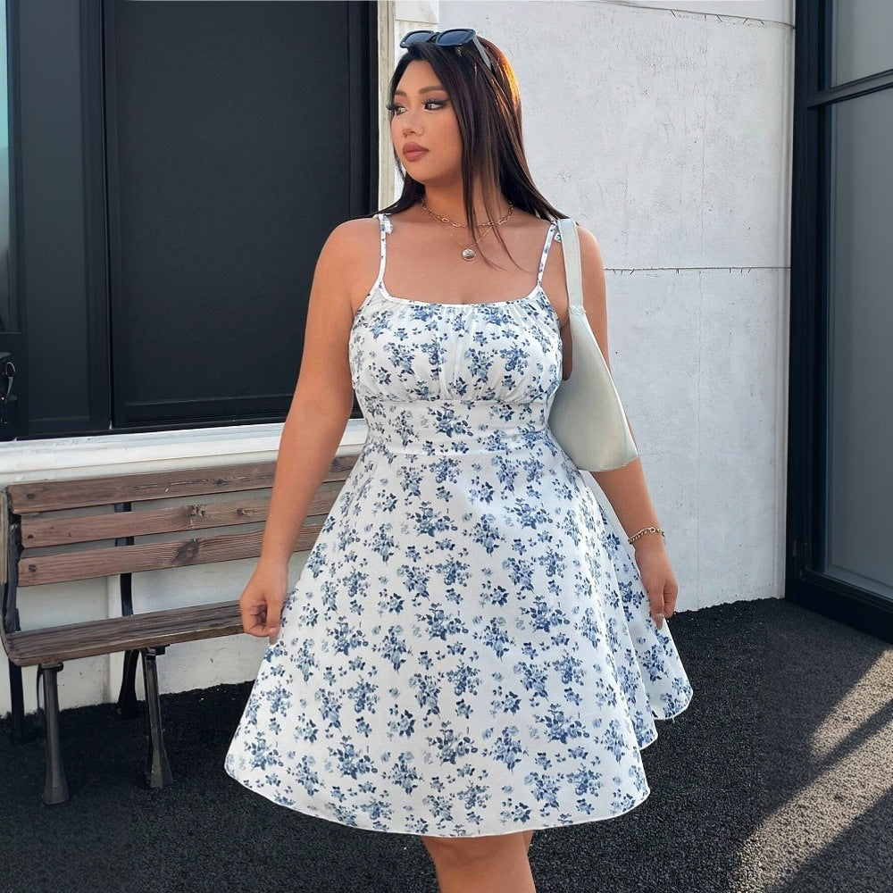 Damen Blumenmuster Sommerkleid mit Spaghettiträgern und schwingendem Rock WW