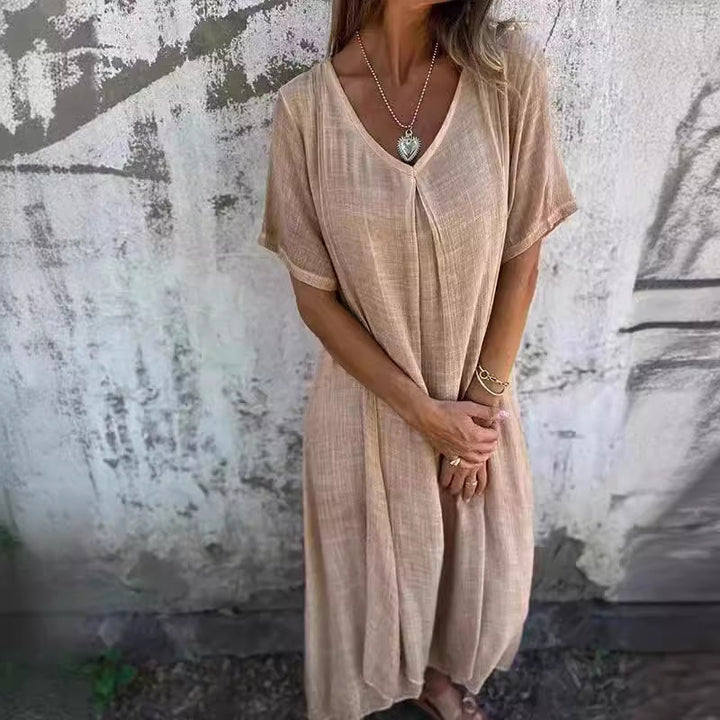Damen lässiges Midikleid mit V-Ausschnitt und weit ausgestellten Ärmeln W&W Mode