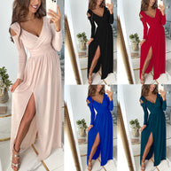 Damen elegantes Maxikleid mit tiefem V-Ausschnitt und seitlichem Schlitz