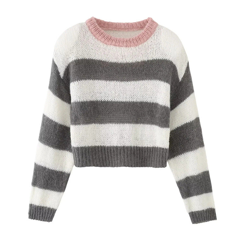 Damen Cropped Strickpullover mit maritimem Streifenmuster und Rundhalsausschnitt W&W Mode