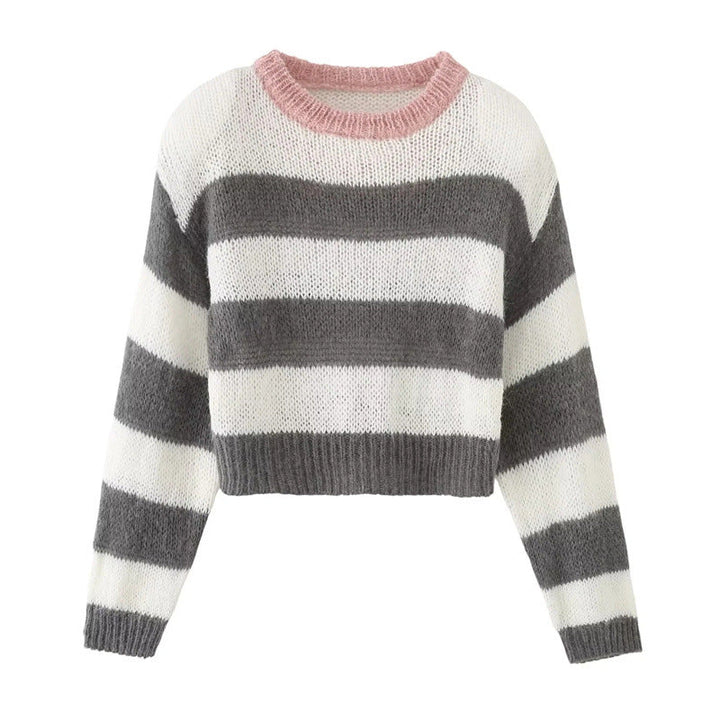 Damen Cropped Strickpullover mit maritimem Streifenmuster und Rundhalsausschnitt W&W Mode