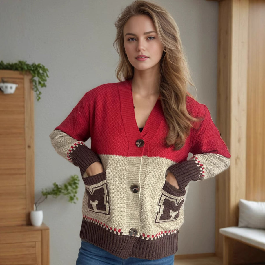 Damen Strickjacke mit dekorativen Taschen und modernem Farbblockdesign WW