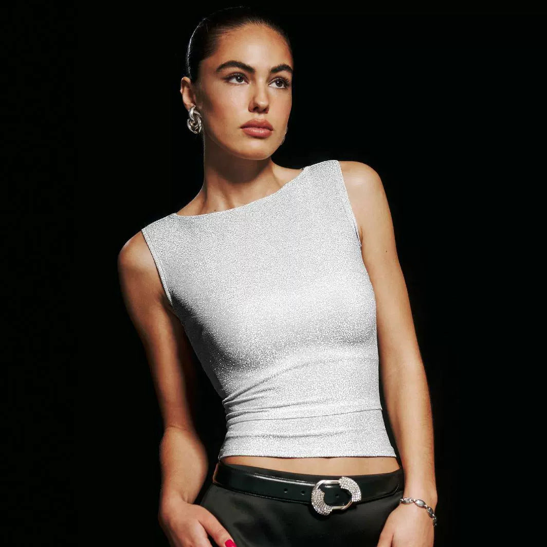 Damen figurbetontes Glitzer-Top mit asymmetrischem Schnitt und elegantem Tragekomfort WW