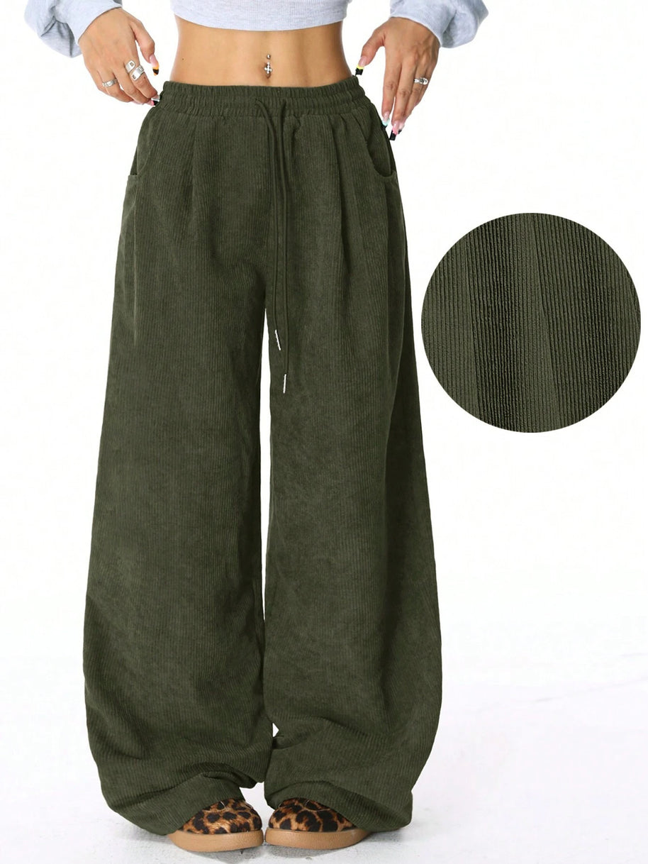 Damen Weite Freizeithose aus Rippmaterial mit elastischem Bund und praktischen Taschen WW