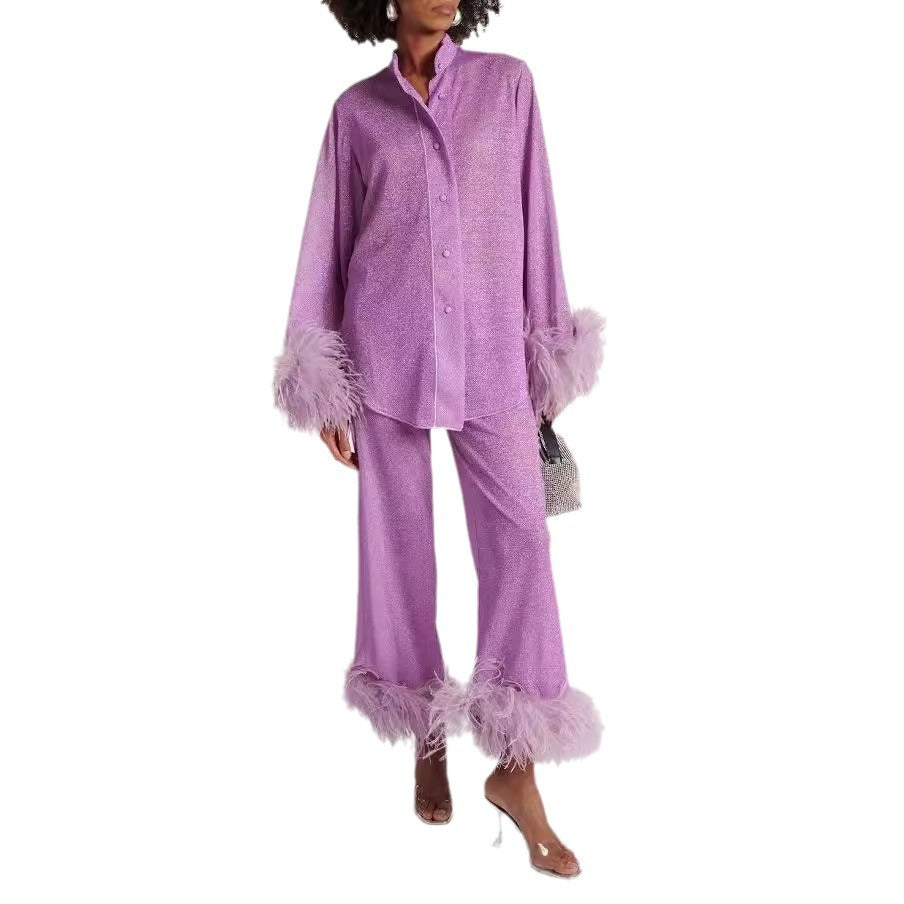 WW | Herbst Winter Feder Stehkragen Langarmoberteil und Hosen Set