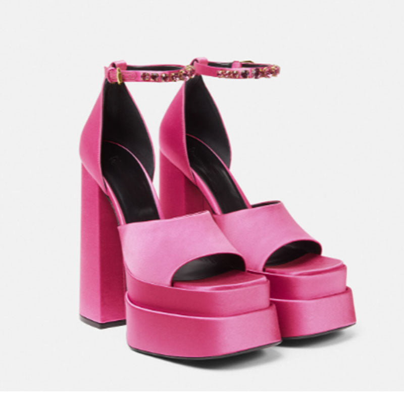 Damen Plattform Peep-Toe High Heels mit Strass Knöchelriemen WW
