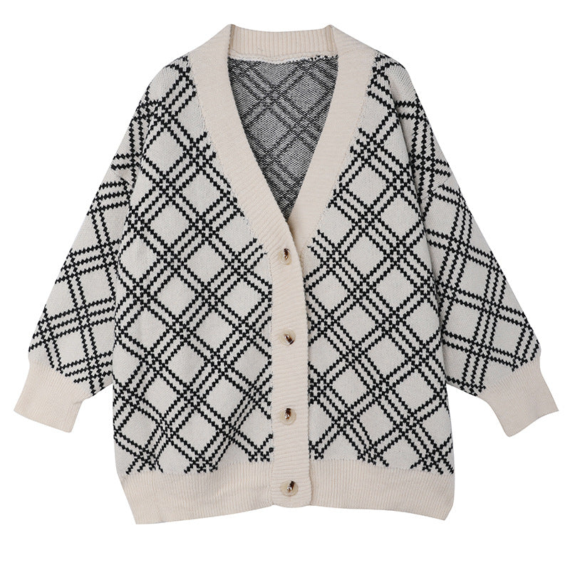 Damen bequeme Strickjacke mit klassischem Karomuster und Holzknöpfen WW