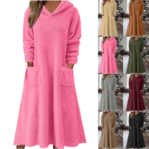 Damen Kuscheliger Fleece-Kleid mit Kapuze und praktischen Taschen WW