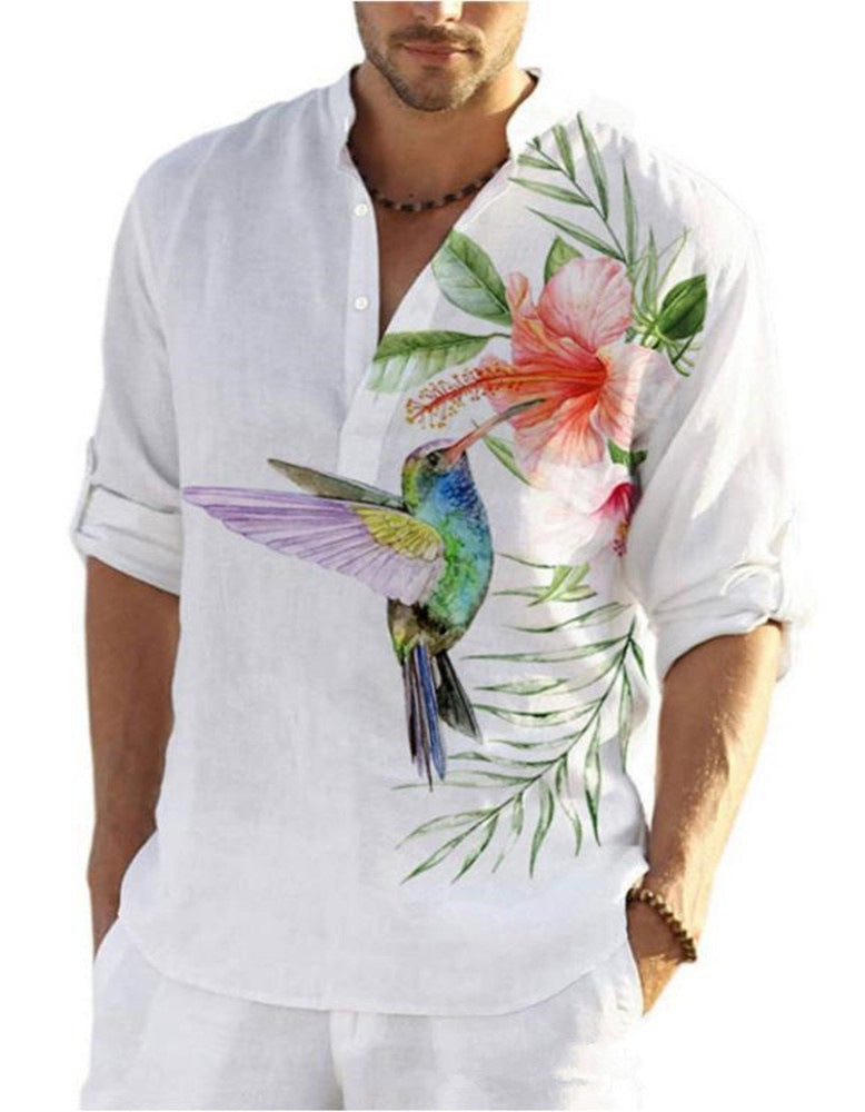 Herren Leinenhemd mit einzigartigem Federdesign und modischem Henley-Ausschnitt WW