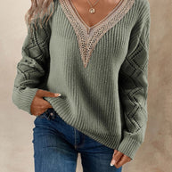 Damen Strickpullover mit V-Ausschnitt und luftigen Ärmelpartien WW
