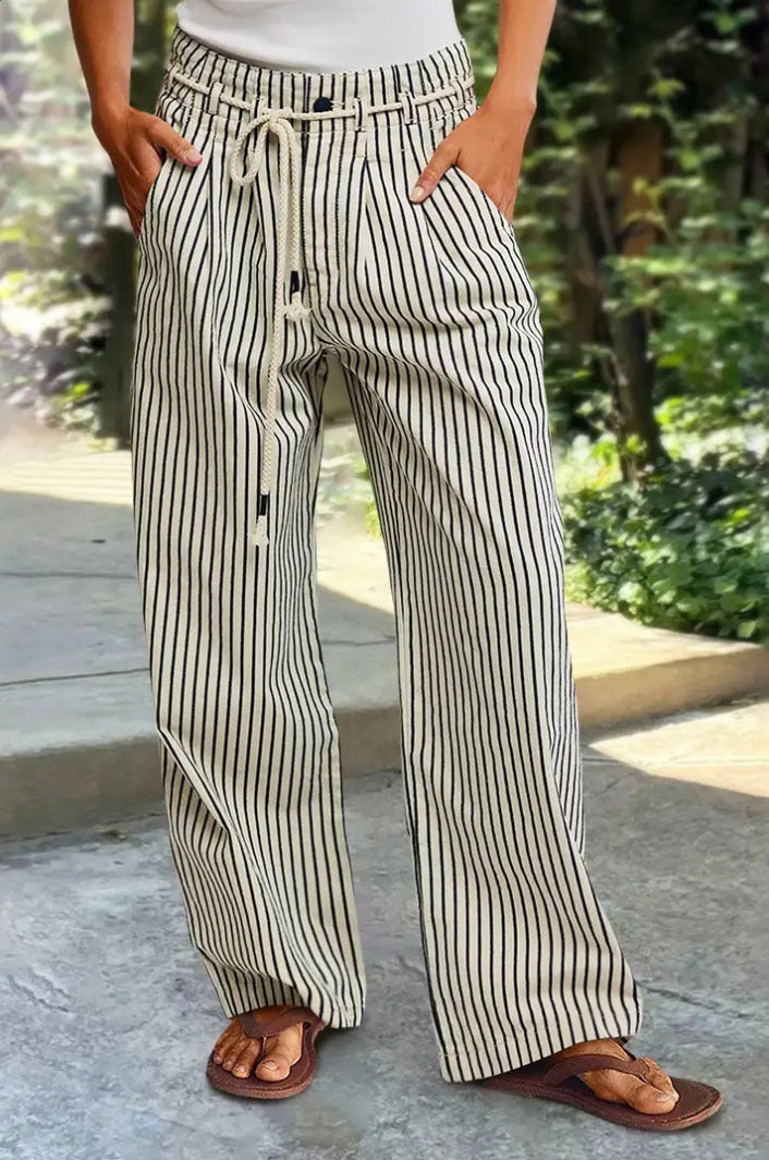 Damen Bequeme Strandhose mit lässigem Streifenmuster und geflochtenem Bund WW