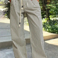Damen Bequeme Strandhose mit lässigem Streifenmuster und geflochtenem Bund WW
