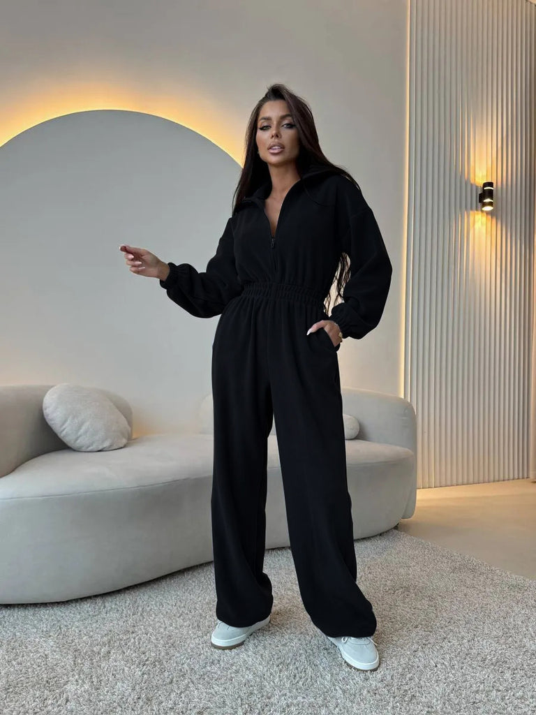 Damen eleganter Jumpsuit mit kurzem Reißverschluss und elastischem Bund WW