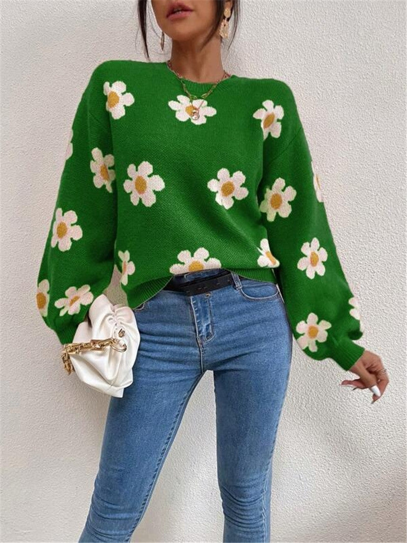 Damen Strickpullover mit verspieltem Blumenmuster und eleganten Puffärmeln WW